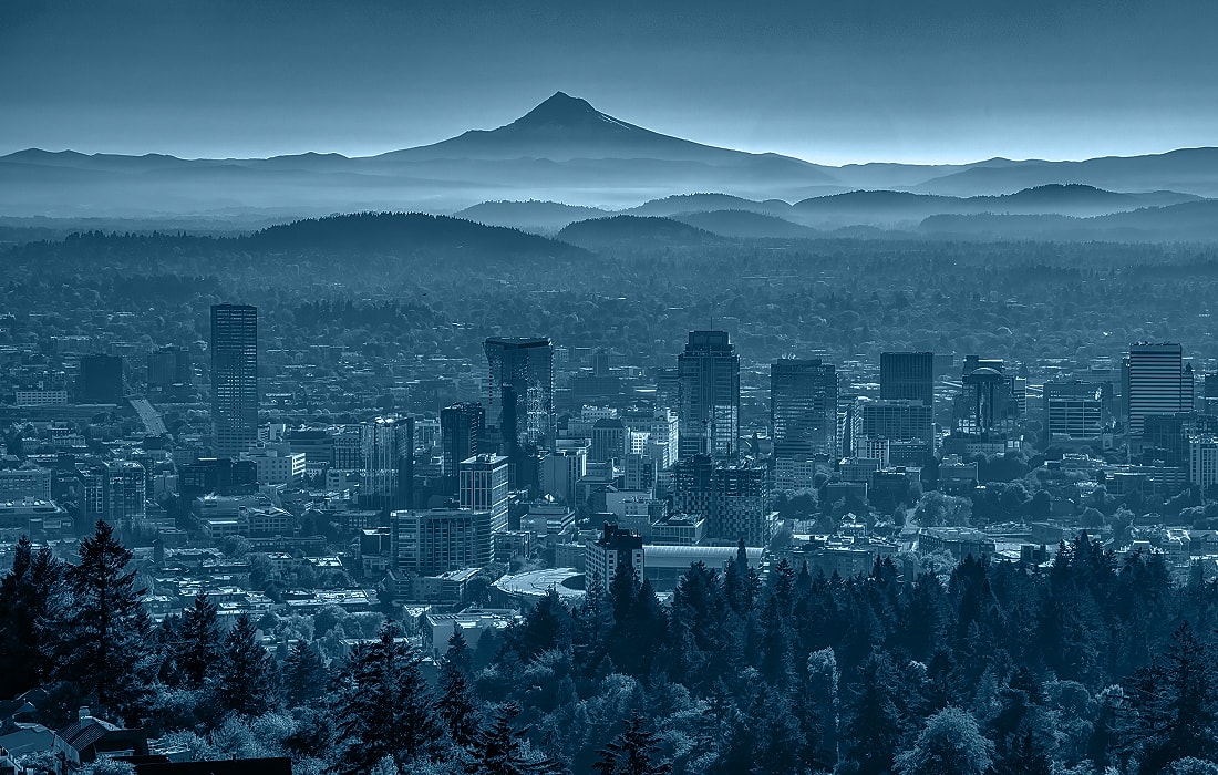 City skyline with mountains in the background.