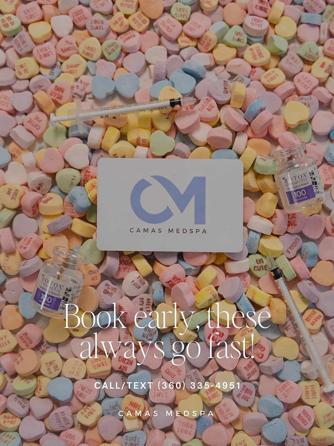 Camas Medspa promotional image with candy and syringes.