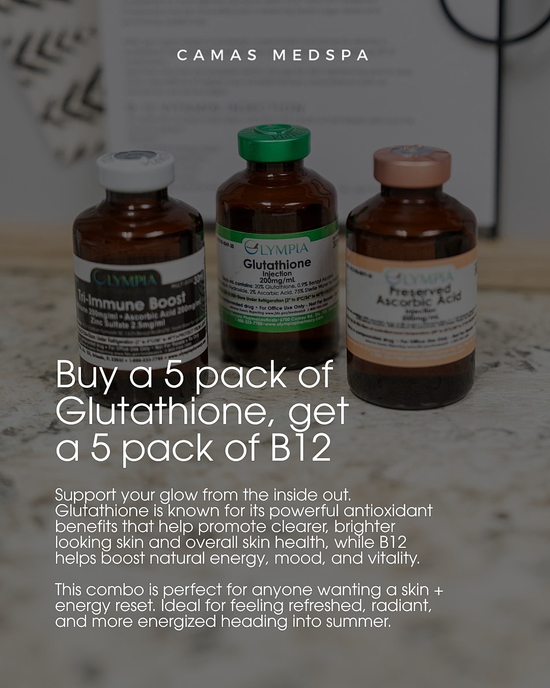 Glutathione and B12 vitamin packs promotion.